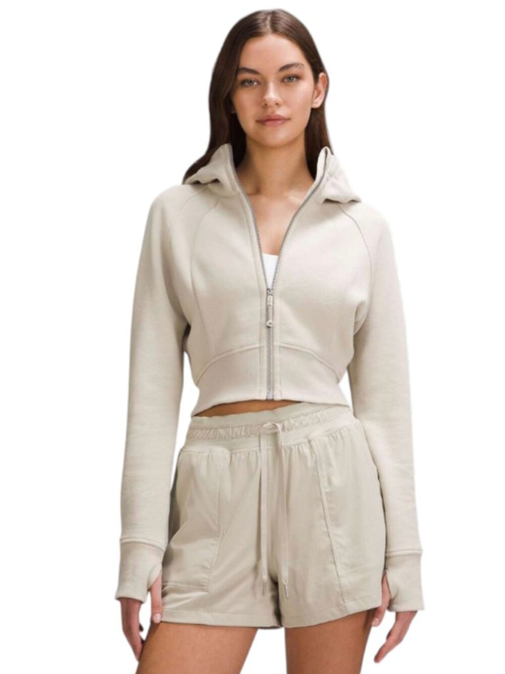 Lululemon Scuba Full Zip Hoodie Hooded Jacket Sweatshirt Womens 4 Tan Cropped